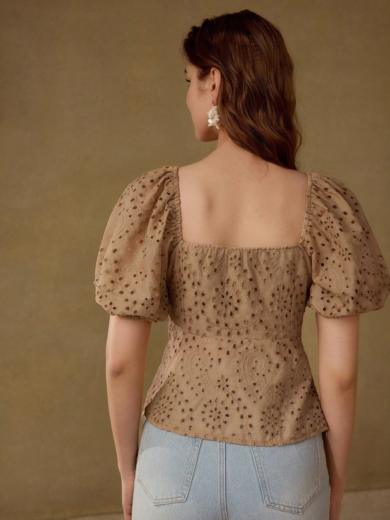 CM-TS139771 Women Elegant Seoul Style Square Neck Eyelet Half Sleeve Embroidery Peplum Blouse - Brown