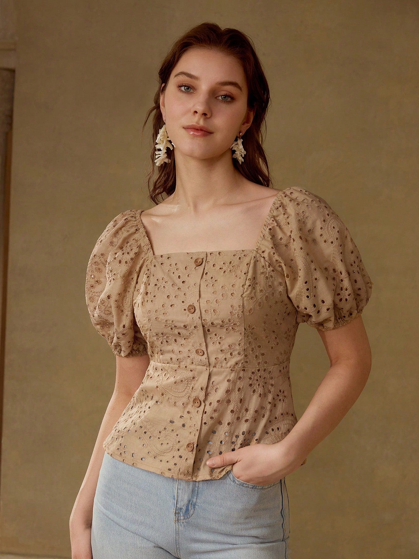 CM-TS139771 Women Elegant Seoul Style Square Neck Eyelet Half Sleeve Embroidery Peplum Blouse - Brown