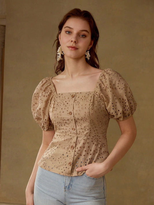 CM-TS139771 Women Elegant Seoul Style Square Neck Eyelet Half Sleeve Embroidery Peplum Blouse - Brown