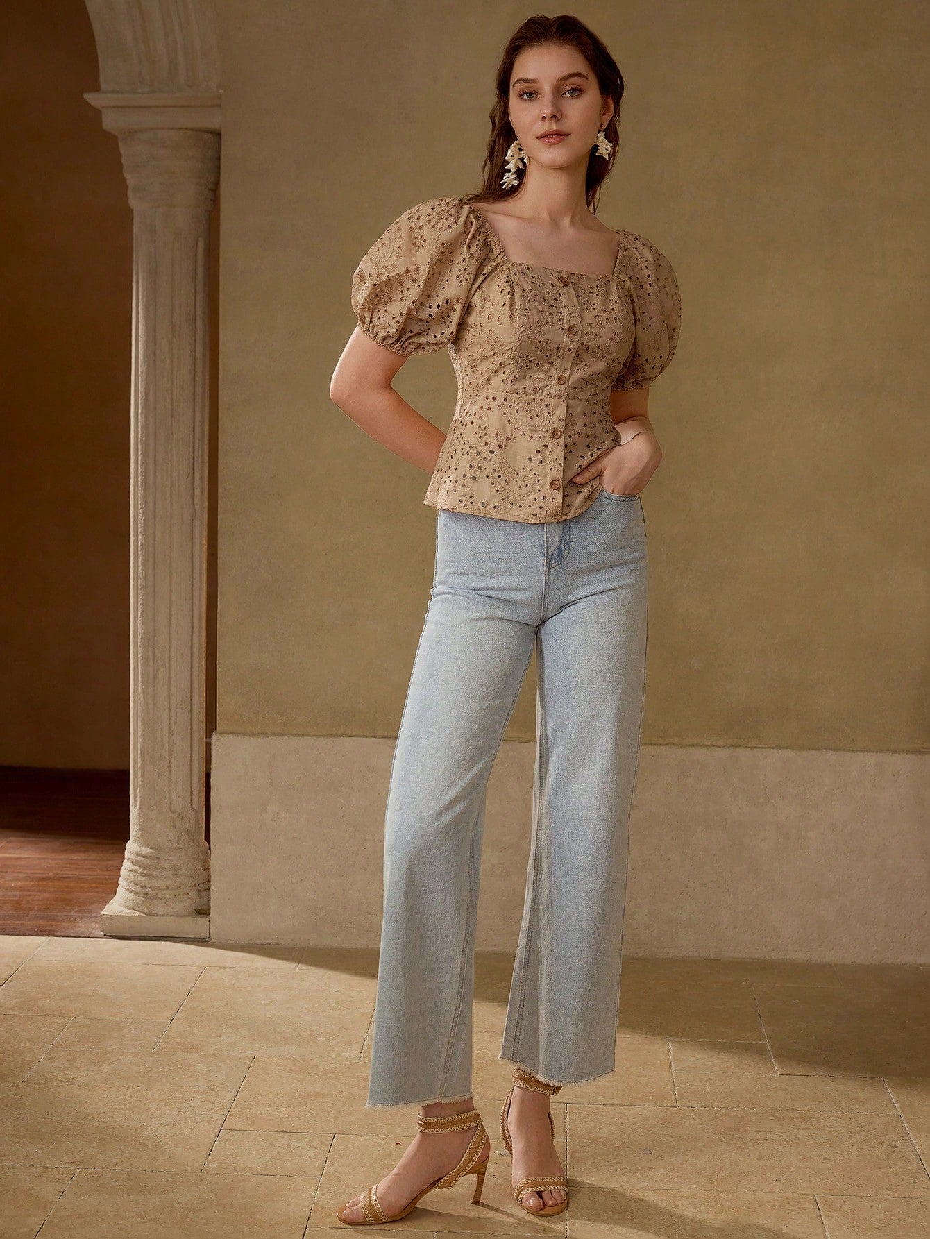 CM-TS139771 Women Elegant Seoul Style Square Neck Eyelet Half Sleeve Embroidery Peplum Blouse - Brown