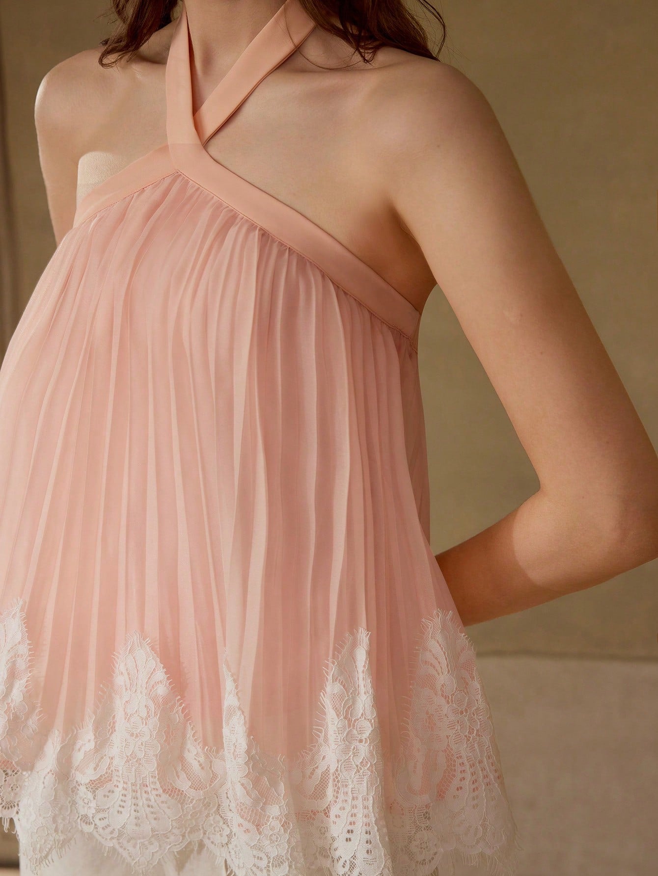 CM-TS593513 Women Elegant Seoul Style Halter Neckline Sleeveless Contrast Lace Pleated Top - Coral Pink