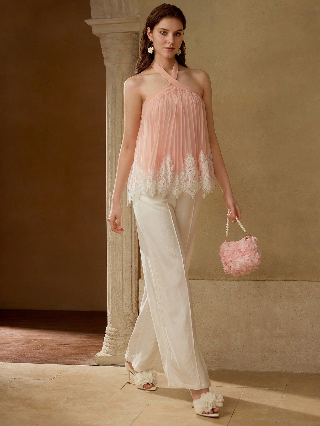 CM-TS593513 Women Elegant Seoul Style Halter Neckline Sleeveless Contrast Lace Pleated Top - Coral Pink