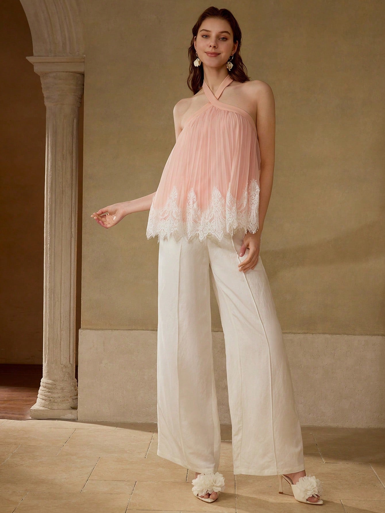 CM-TS593513 Women Elegant Seoul Style Halter Neckline Sleeveless Contrast Lace Pleated Top - Coral Pink