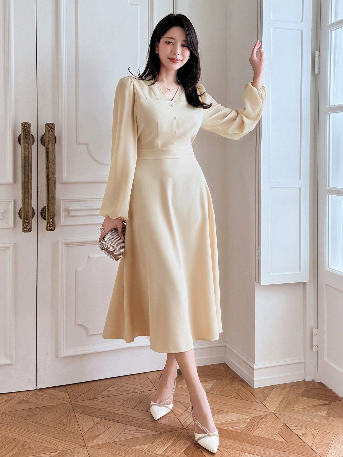 CM-DS703501 Women Elegant Seoul Style Bowknot Patchwork V-Neck Long Sleeve Midi Dress - Yellow