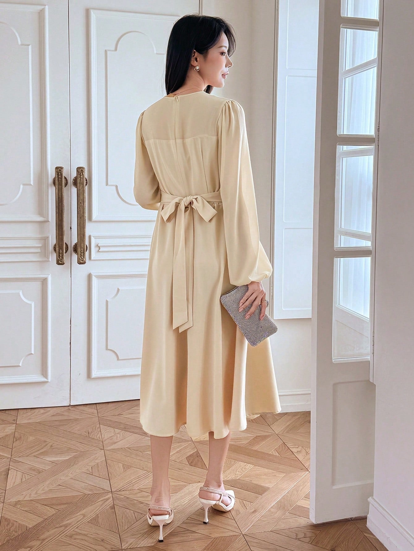CM-DS703501 Women Elegant Seoul Style Bowknot Patchwork V-Neck Long Sleeve Midi Dress - Yellow