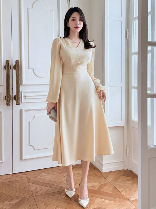 CM-DS703501 Women Elegant Seoul Style Bowknot Patchwork V-Neck Long Sleeve Midi Dress - Yellow