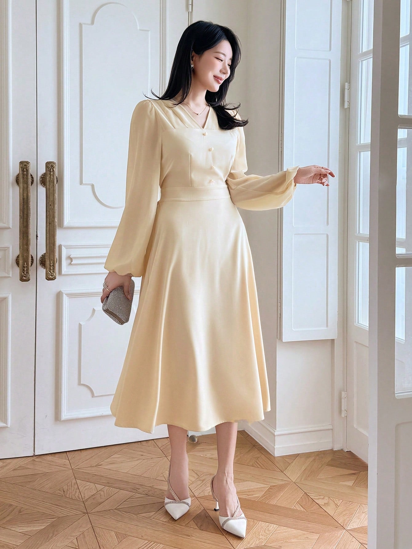 CM-DS703501 Women Elegant Seoul Style Bowknot Patchwork V-Neck Long Sleeve Midi Dress - Yellow