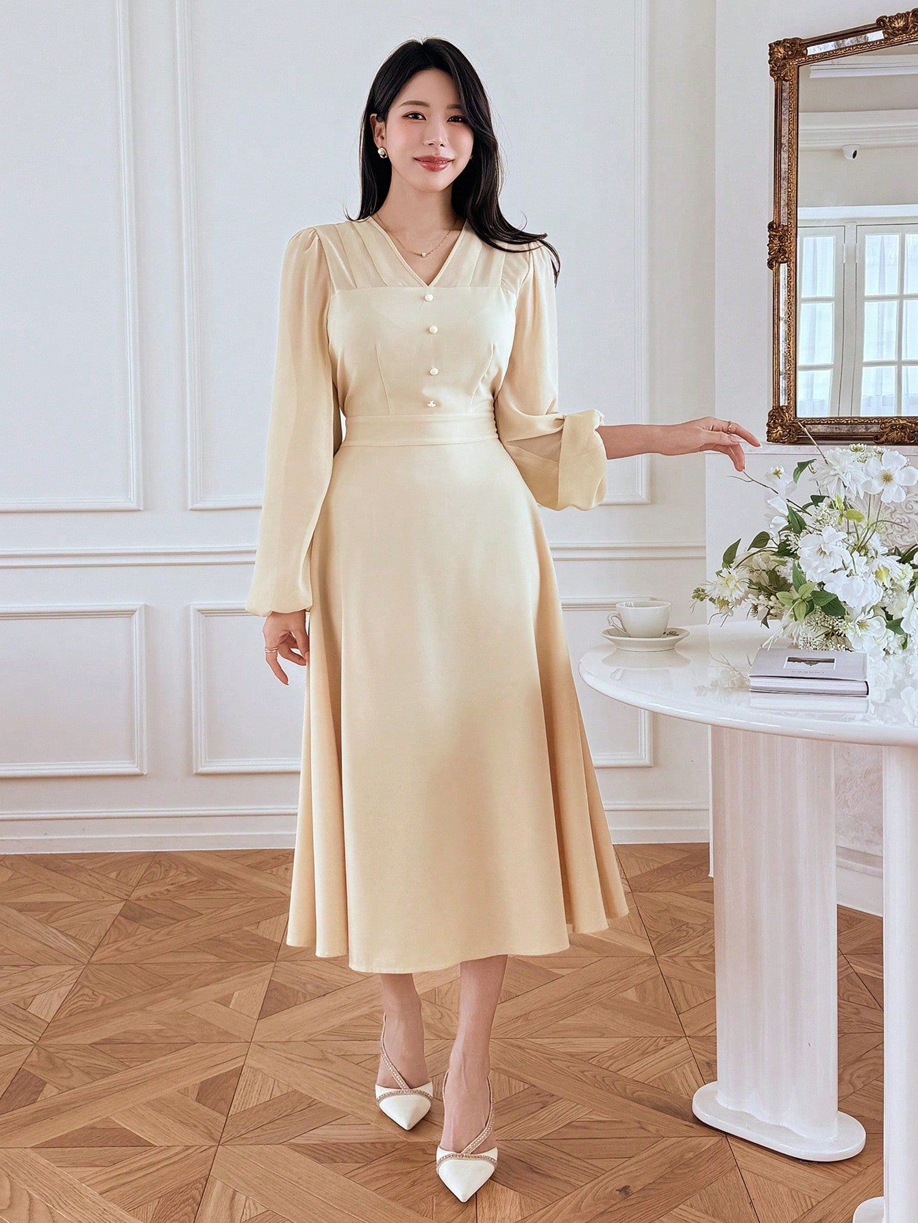CM-DS703501 Women Elegant Seoul Style Bowknot Patchwork V-Neck Long Sleeve Midi Dress - Yellow