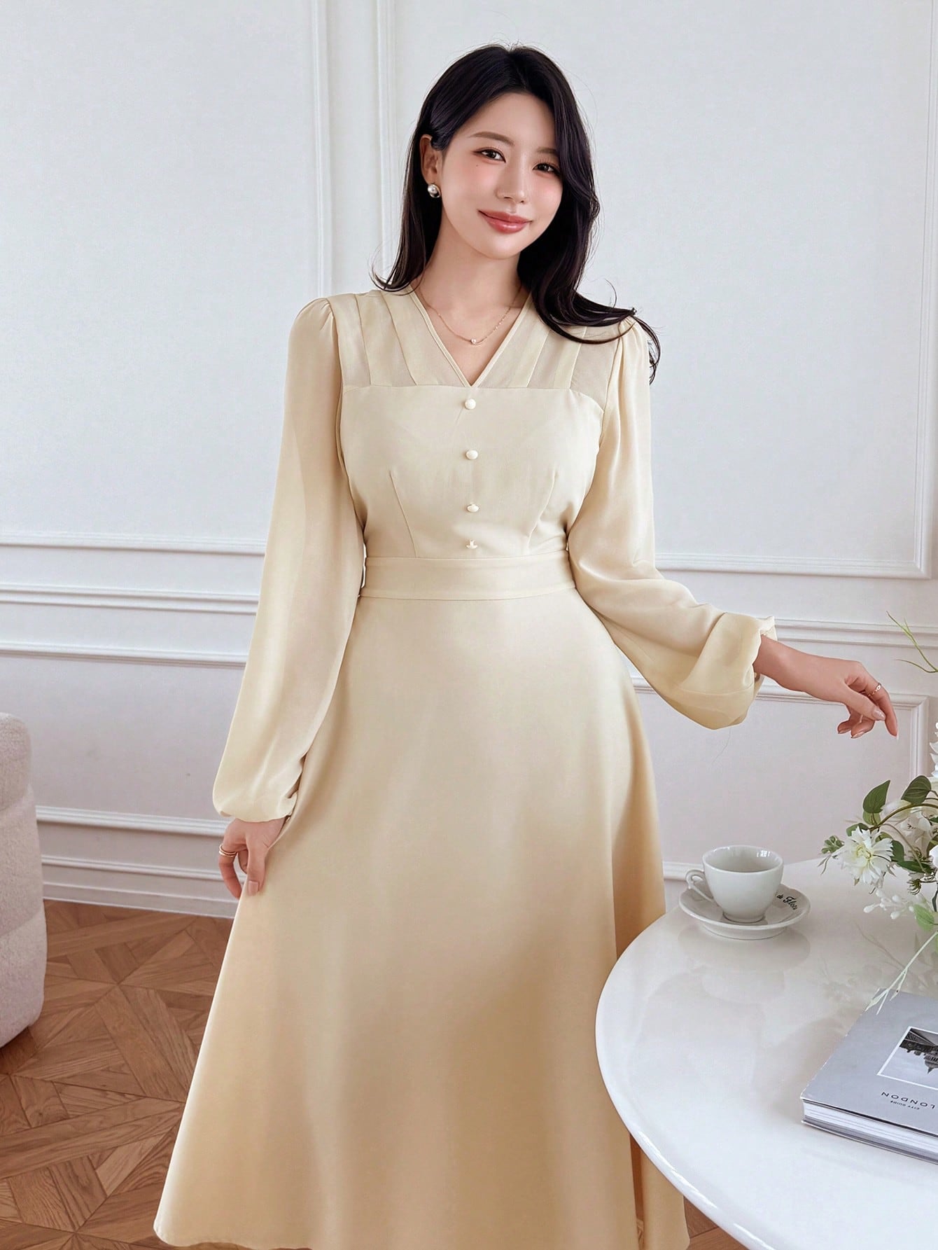 CM-DS703501 Women Elegant Seoul Style Bowknot Patchwork V-Neck Long Sleeve Midi Dress - Yellow