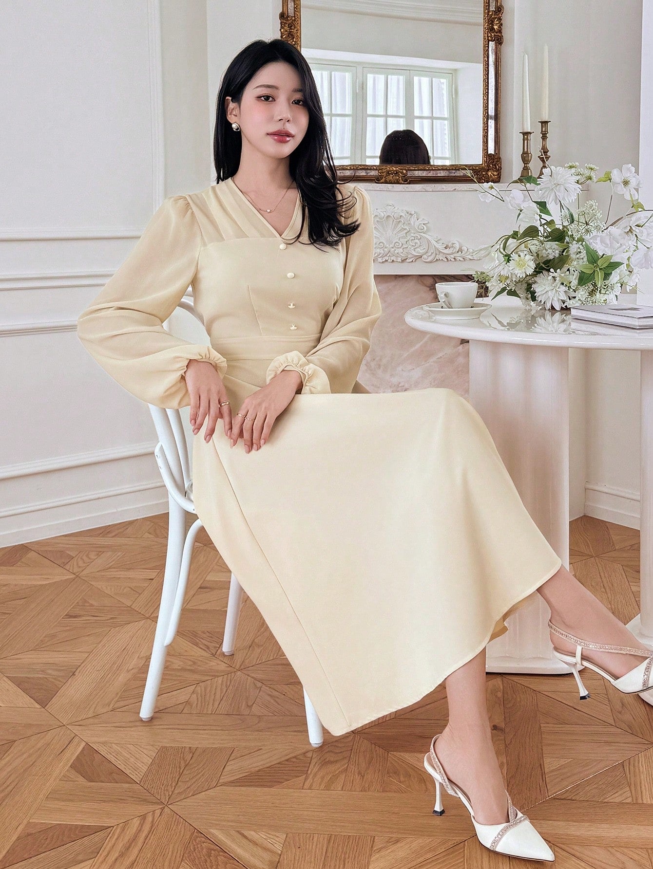 CM-DS703501 Women Elegant Seoul Style Bowknot Patchwork V-Neck Long Sleeve Midi Dress - Yellow
