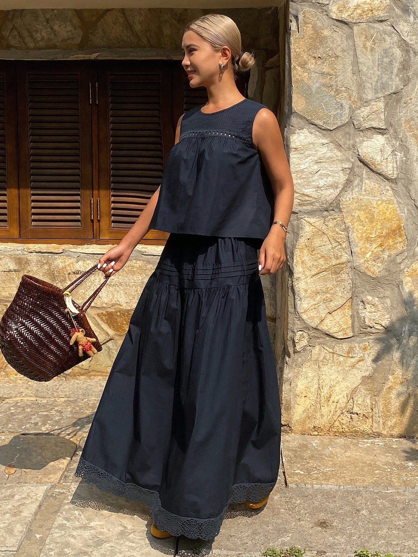 CM-SS902248 Women Trendy Bohemian Style Round Neck Sleeveless Blouse With Long Skirt - Set
