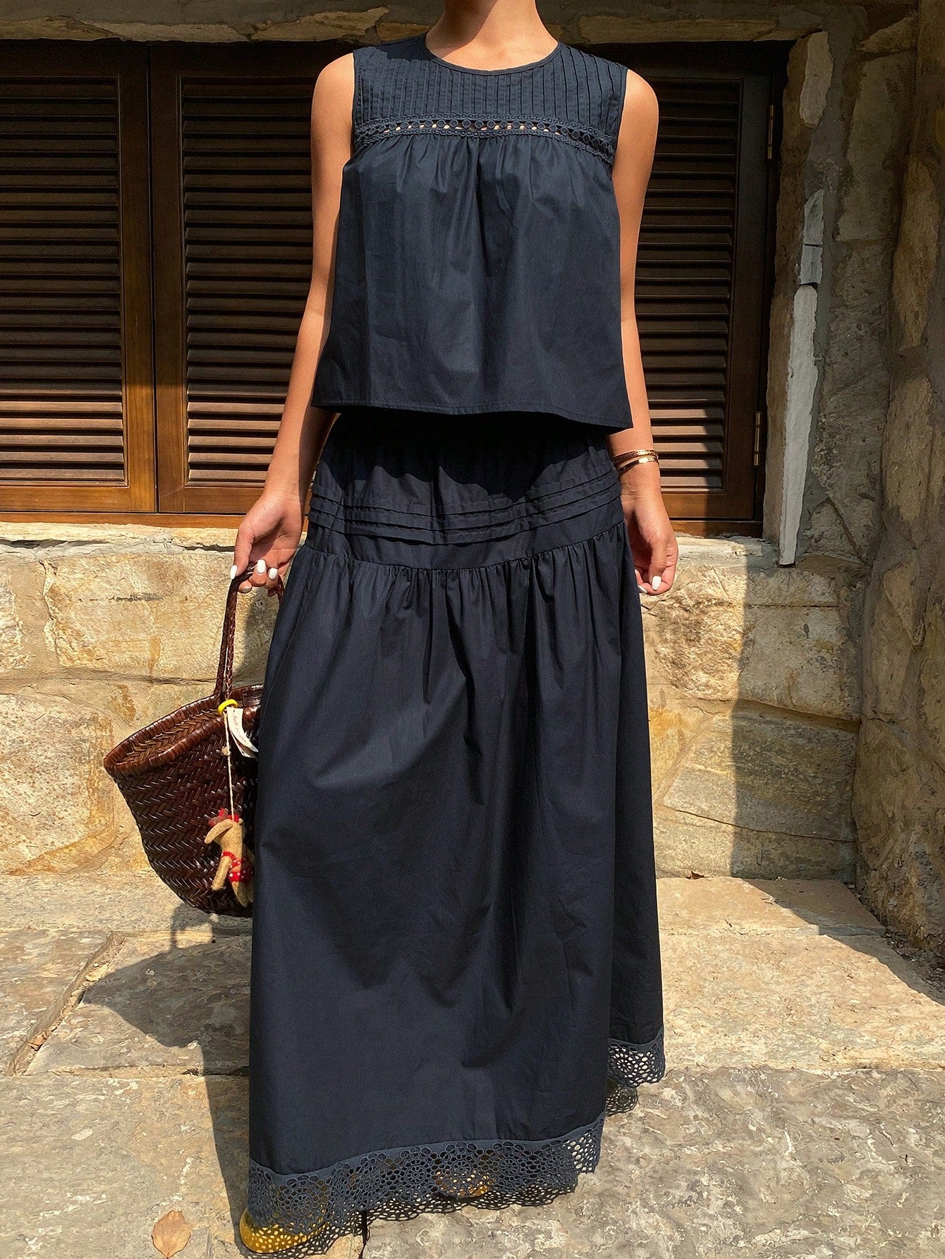 CM-SS902248 Women Trendy Bohemian Style Round Neck Sleeveless Blouse With Long Skirt - Set