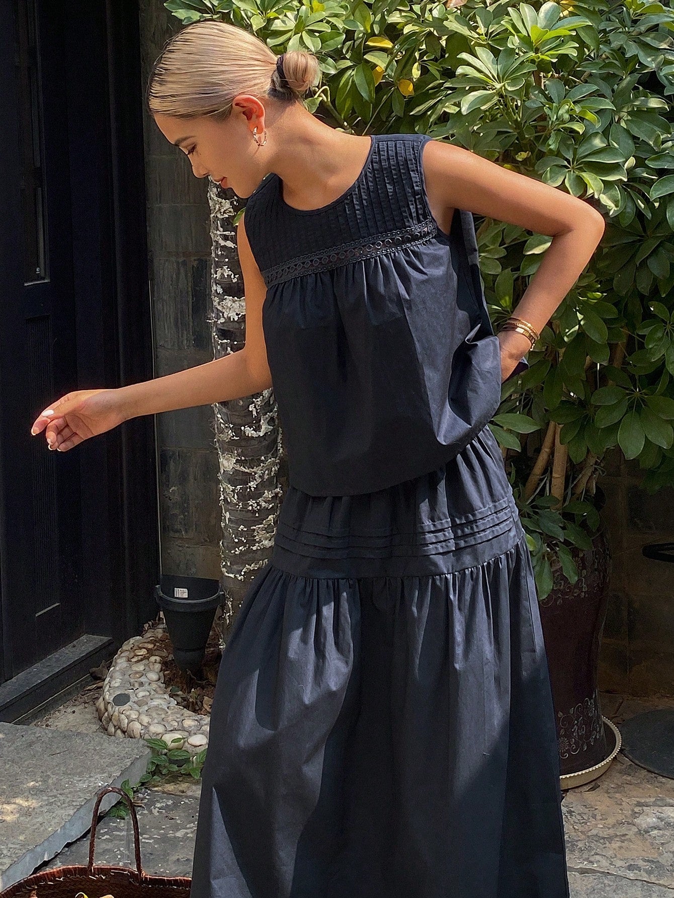CM-SS902248 Women Trendy Bohemian Style Round Neck Sleeveless Blouse With Long Skirt - Set