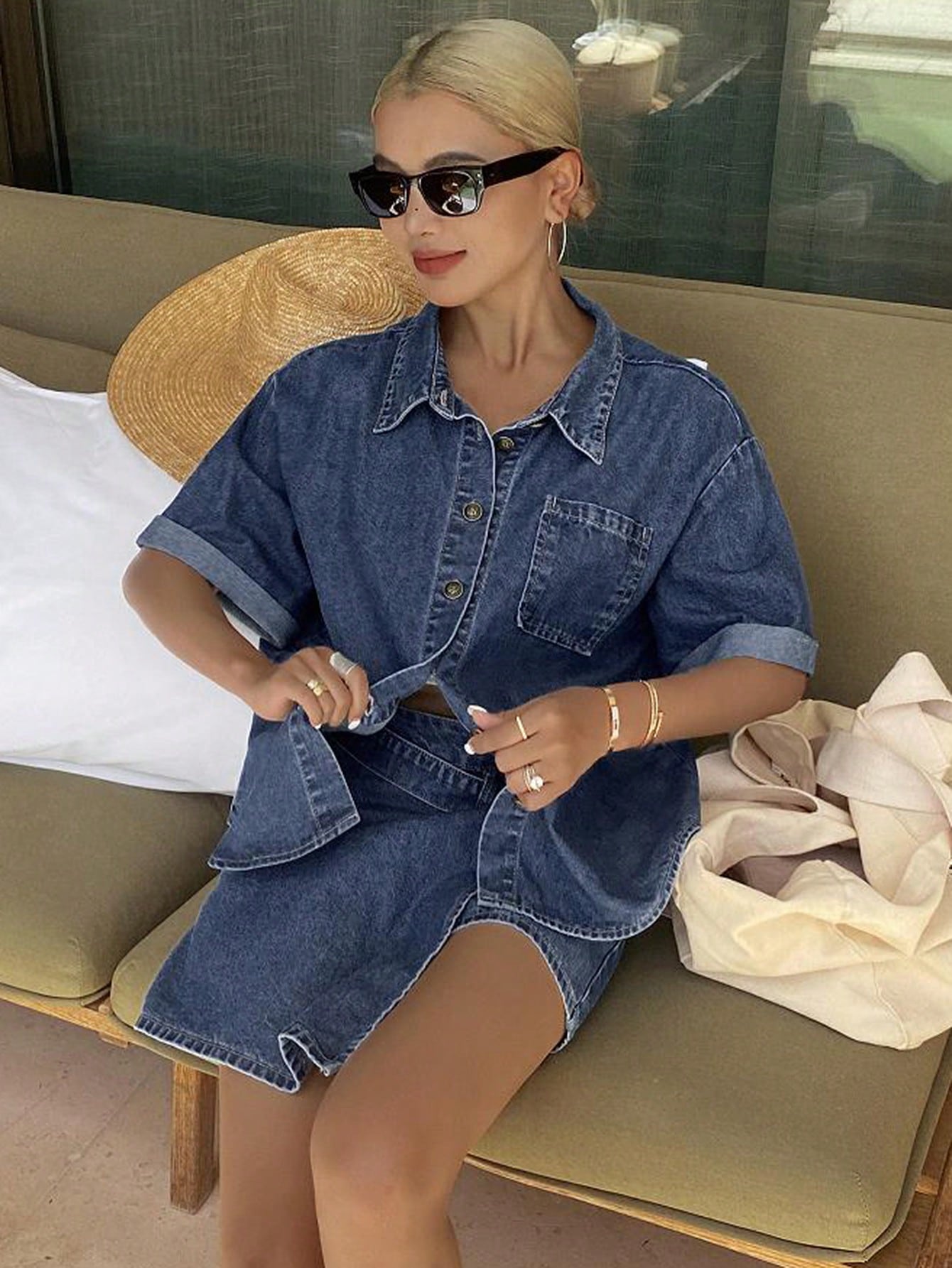 CM-SS228783 Women Casual Seoul Style Medium Wash Drop Shoulder Blouse With Denim Mini Skirt - Set