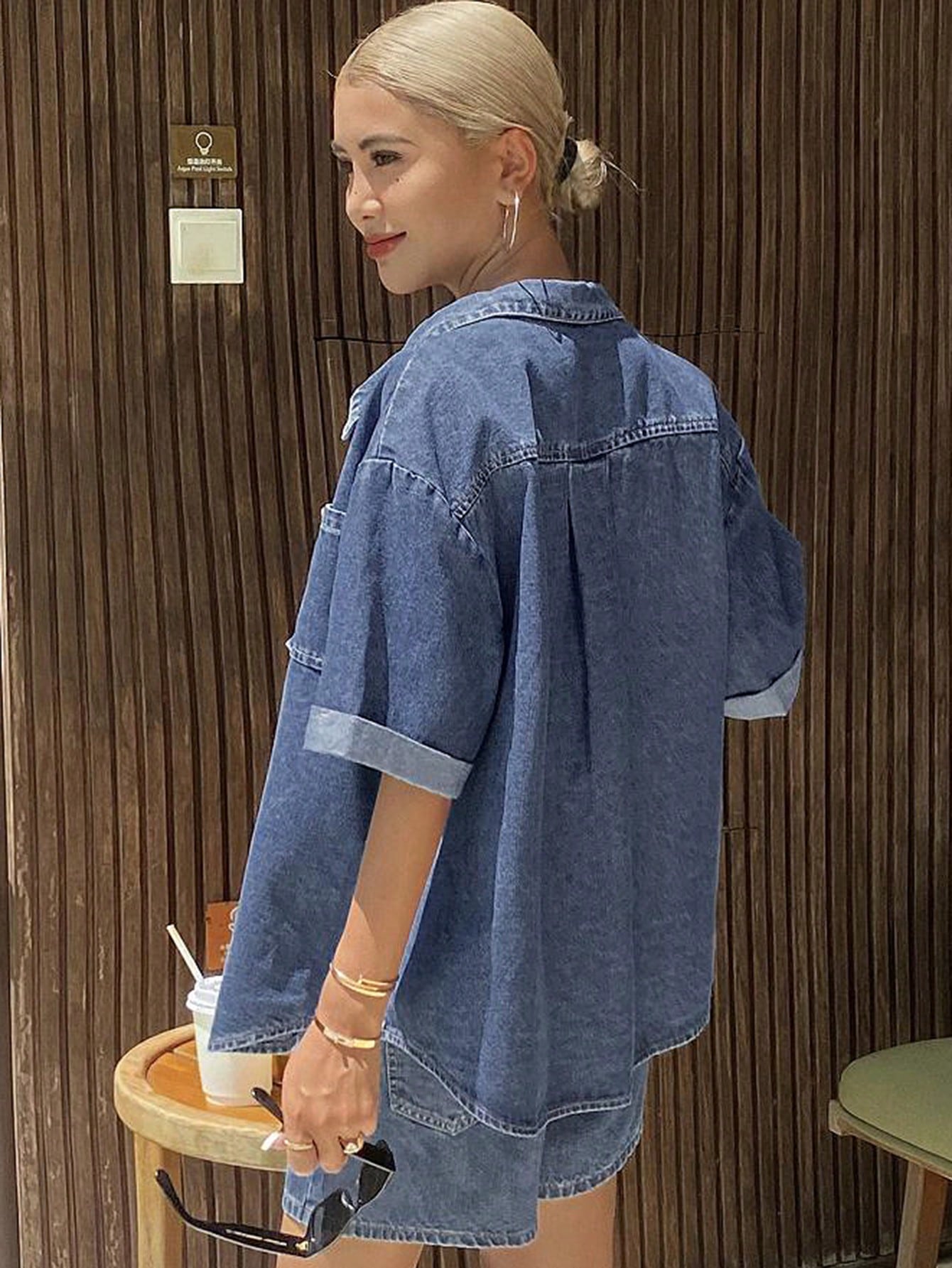 CM-SS228783 Women Casual Seoul Style Medium Wash Drop Shoulder Blouse With Denim Mini Skirt - Set