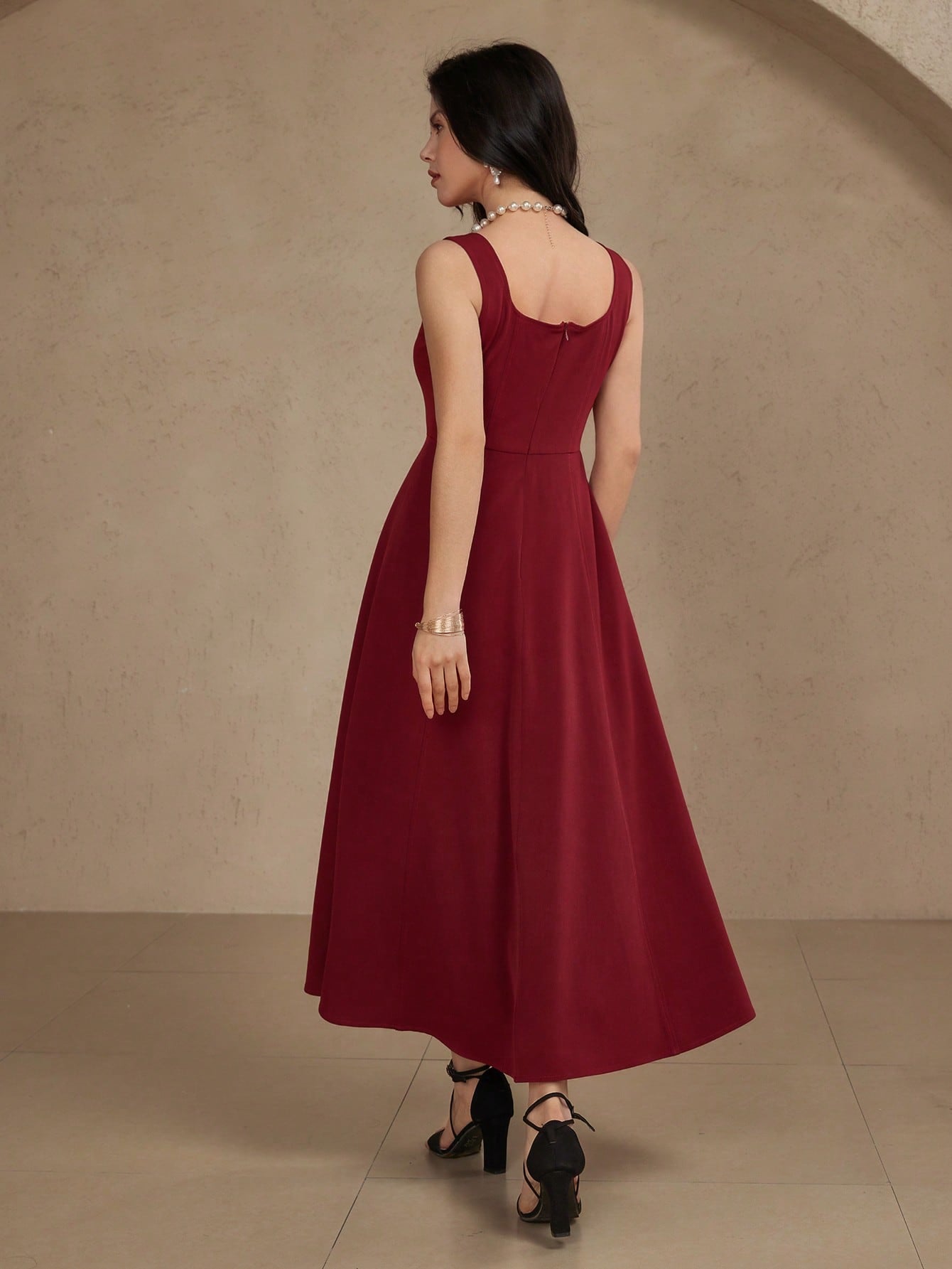 CM-DS991991 Women Elegant Seoul Style Solid Color Square Neck Sleeveless A-Line Dress - Burgundy