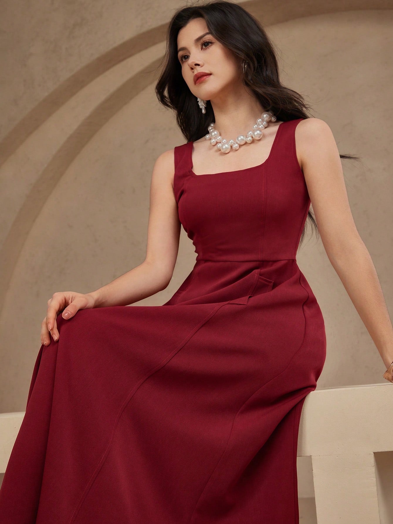 CM-DS991991 Women Elegant Seoul Style Solid Color Square Neck Sleeveless A-Line Dress - Burgundy