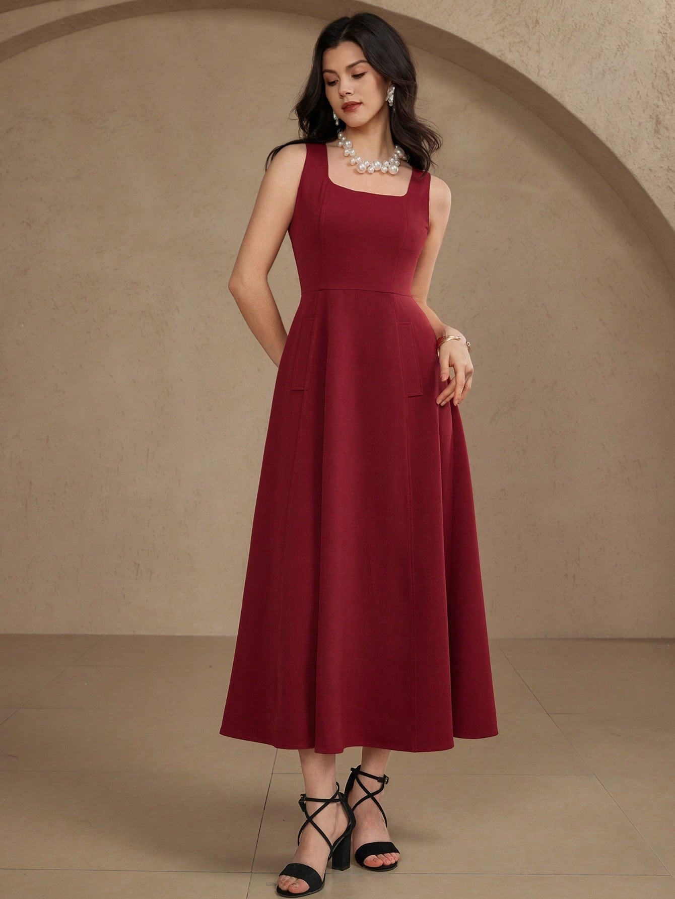 CM-DS991991 Women Elegant Seoul Style Solid Color Square Neck Sleeveless A-Line Dress - Burgundy