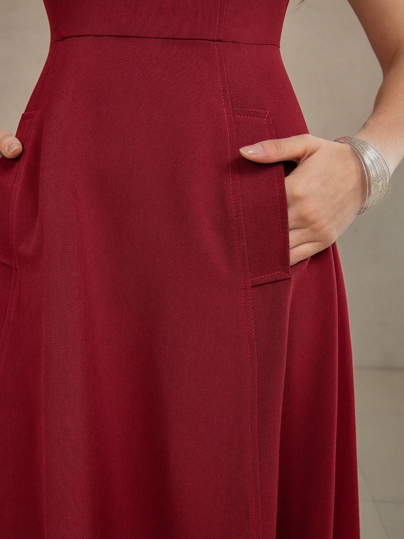 CM-DS991991 Women Elegant Seoul Style Solid Color Square Neck Sleeveless A-Line Dress - Burgundy