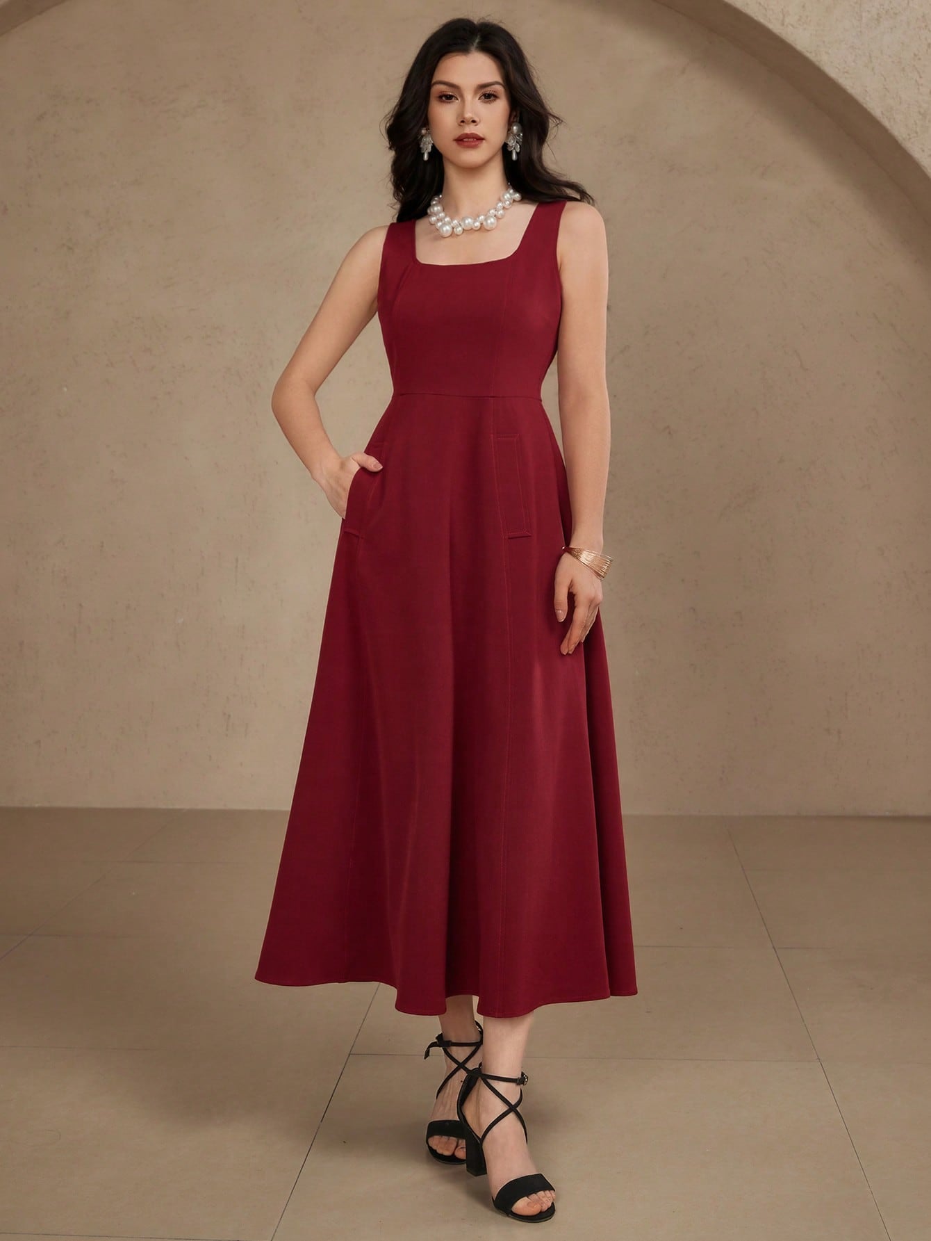 CM-DS991991 Women Elegant Seoul Style Solid Color Square Neck Sleeveless A-Line Dress - Burgundy
