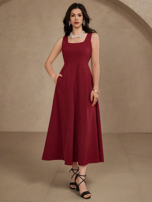 CM-DS991991 Women Elegant Seoul Style Solid Color Square Neck Sleeveless A-Line Dress - Burgundy