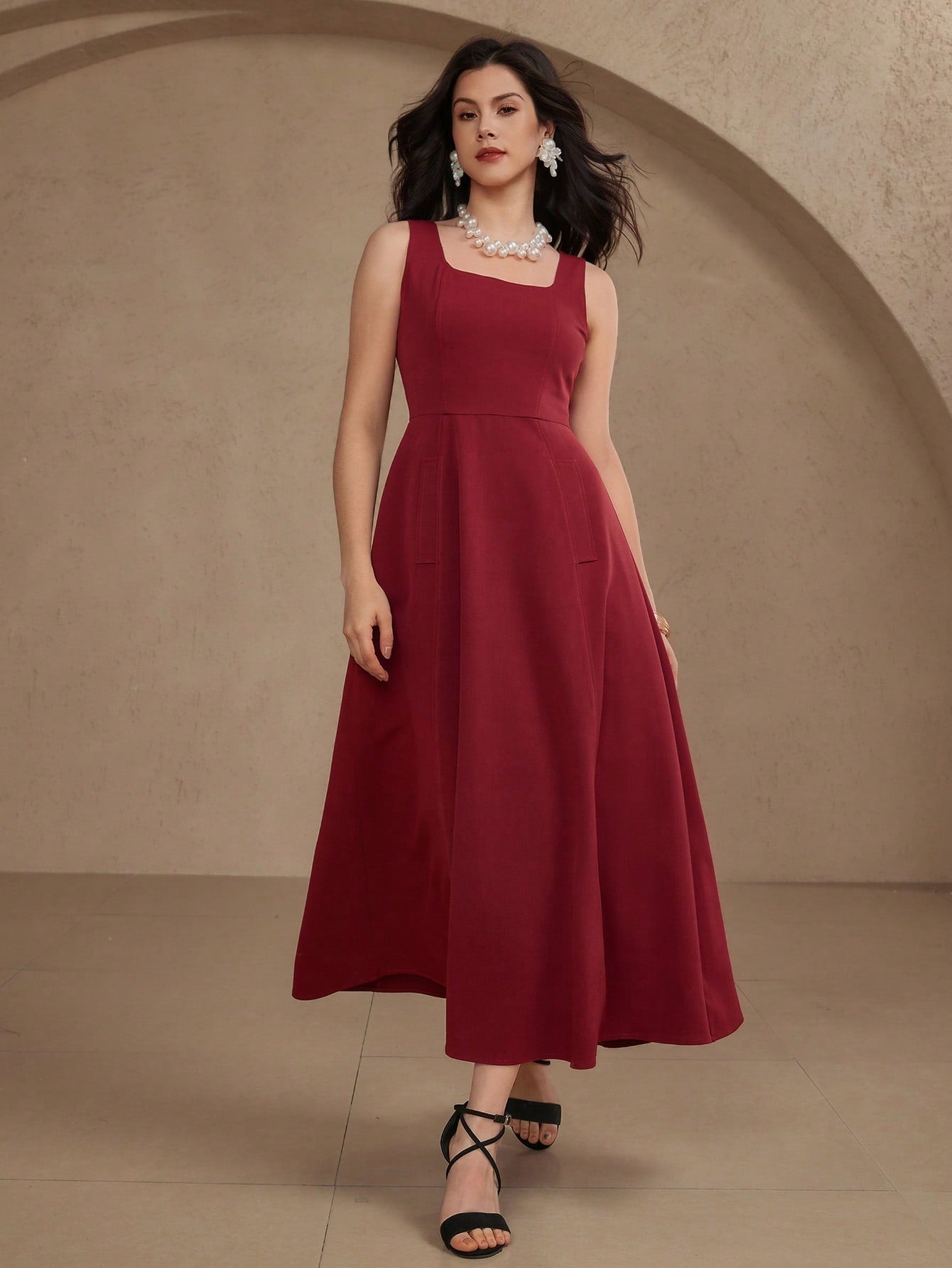 CM-DS991991 Women Elegant Seoul Style Solid Color Square Neck Sleeveless A-Line Dress - Burgundy