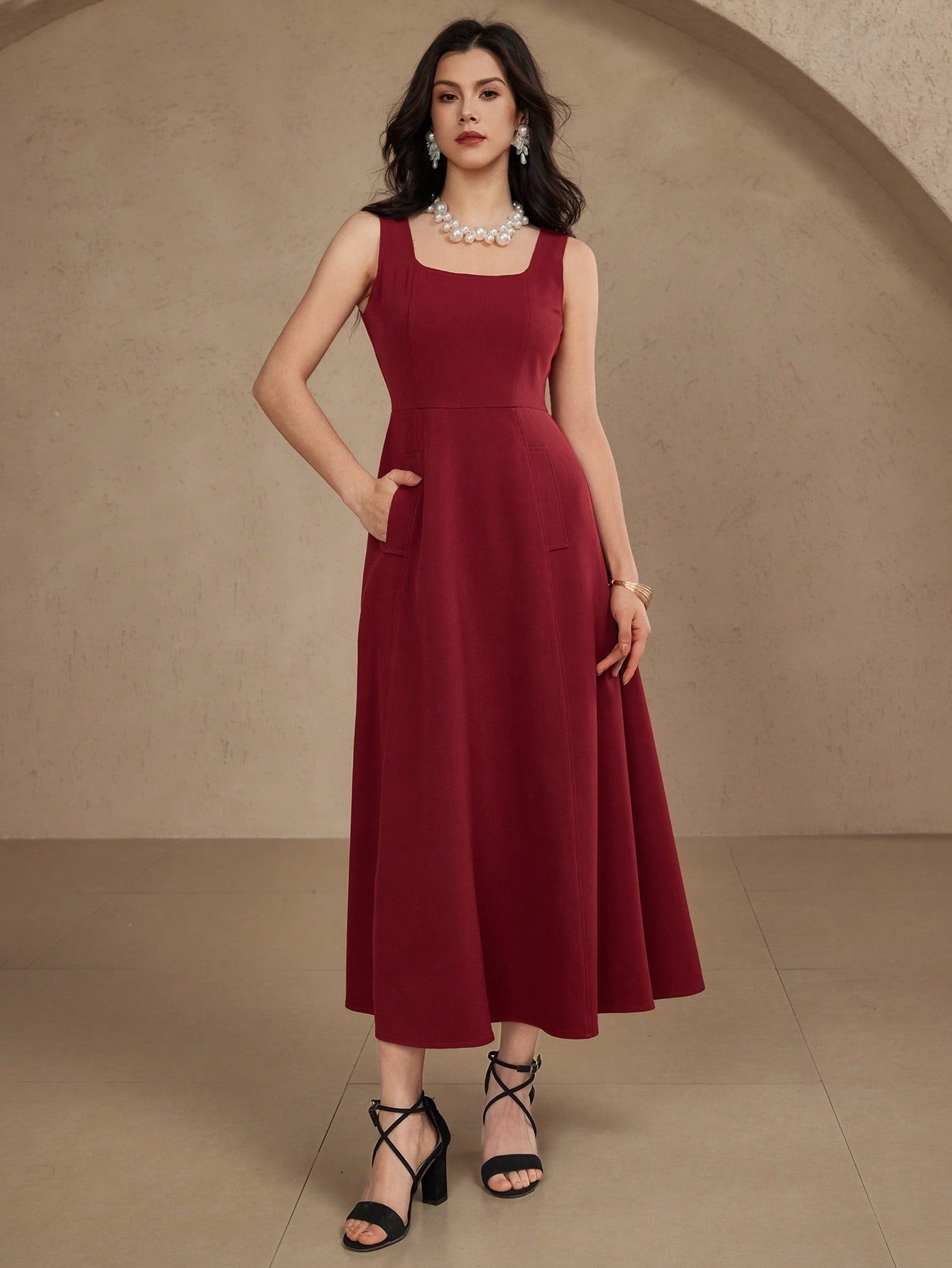 CM-DS991991 Women Elegant Seoul Style Solid Color Square Neck Sleeveless A-Line Dress - Burgundy