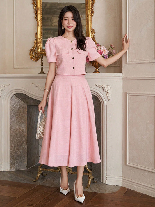 CM-SS811112 Women Elegant Seoul Style V-Neck Puff Sleeve Cropped Blouse With Long Skirt - Set