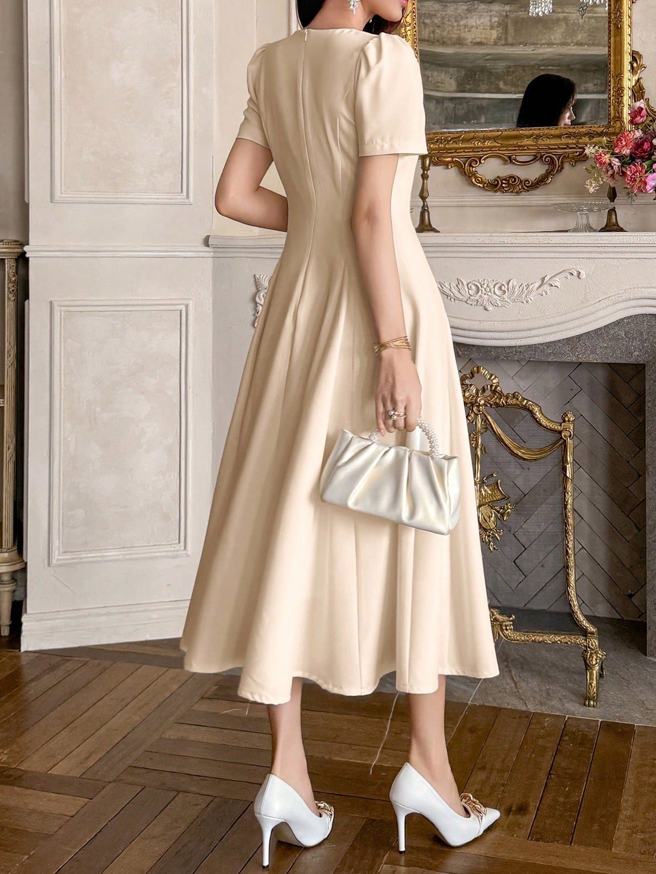 CM-DS422409 Women Elegant Seoul Style Solid Color V-Neck Puff Sleeve Pleated Mid-Length Dress - Beige