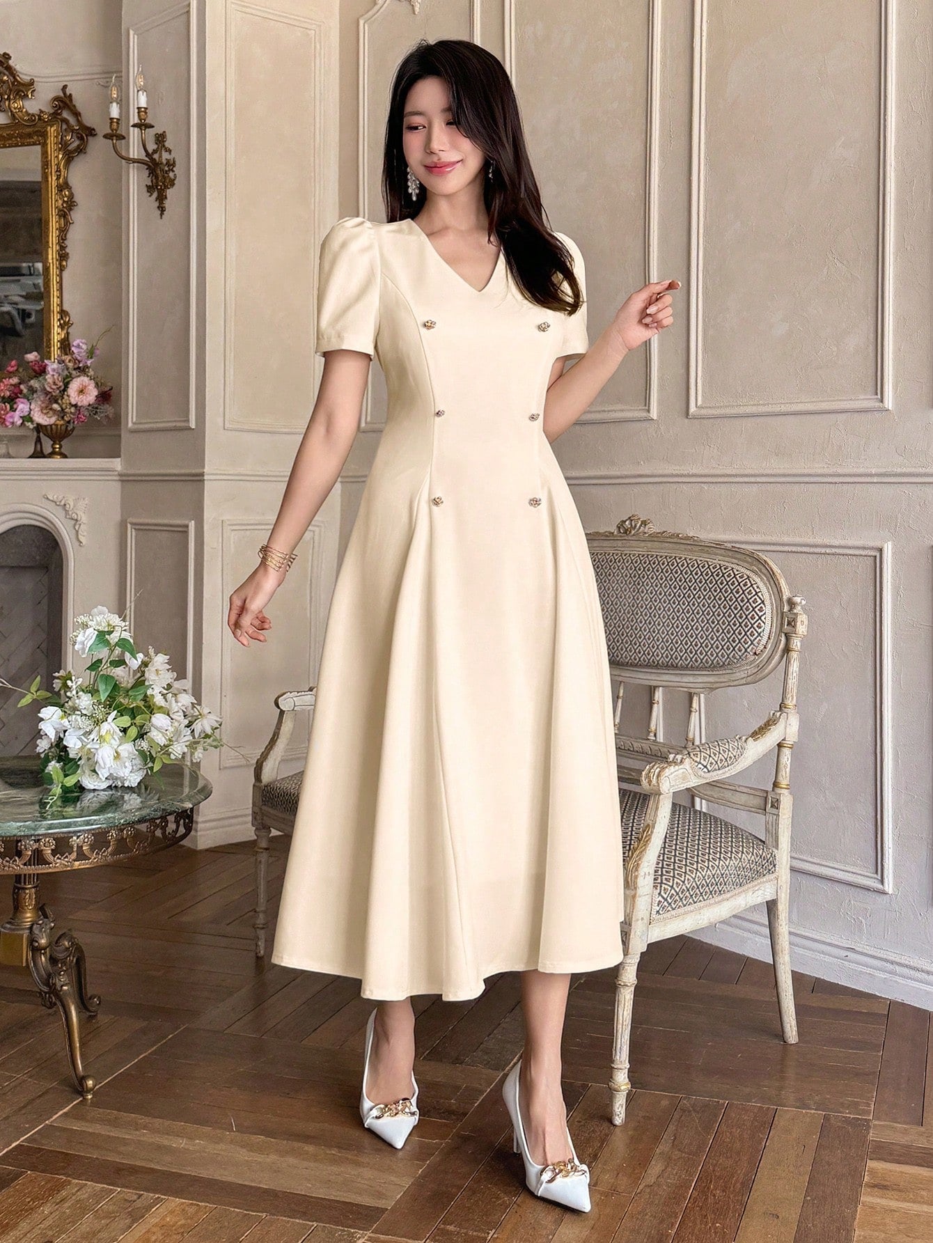 CM-DS422409 Women Elegant Seoul Style Solid Color V-Neck Puff Sleeve Pleated Mid-Length Dress - Beige
