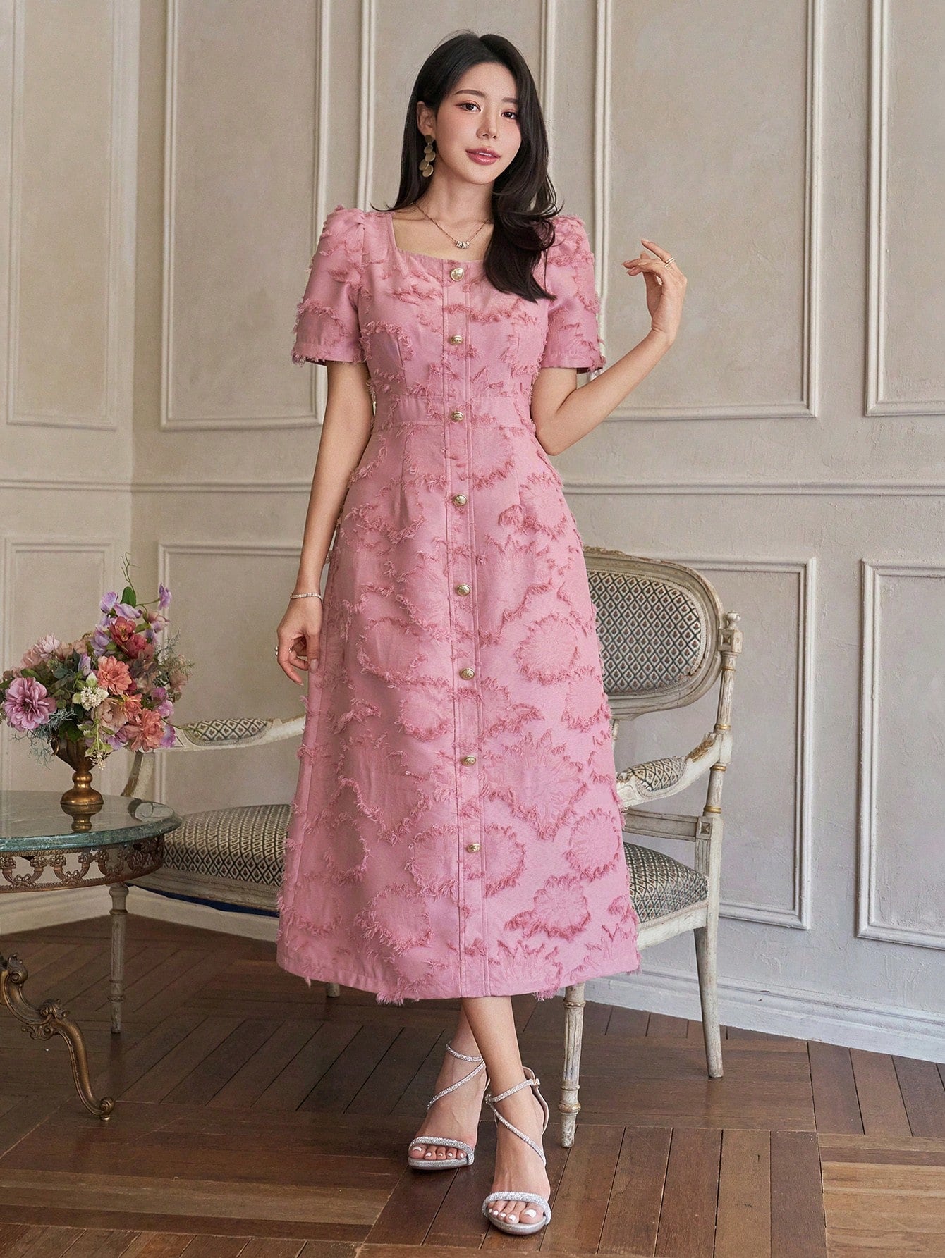 CM-DS754266 Women Elegant Seoul Style Square Neck Puff Sleeve Buttoned Textured Mid-Length Dress