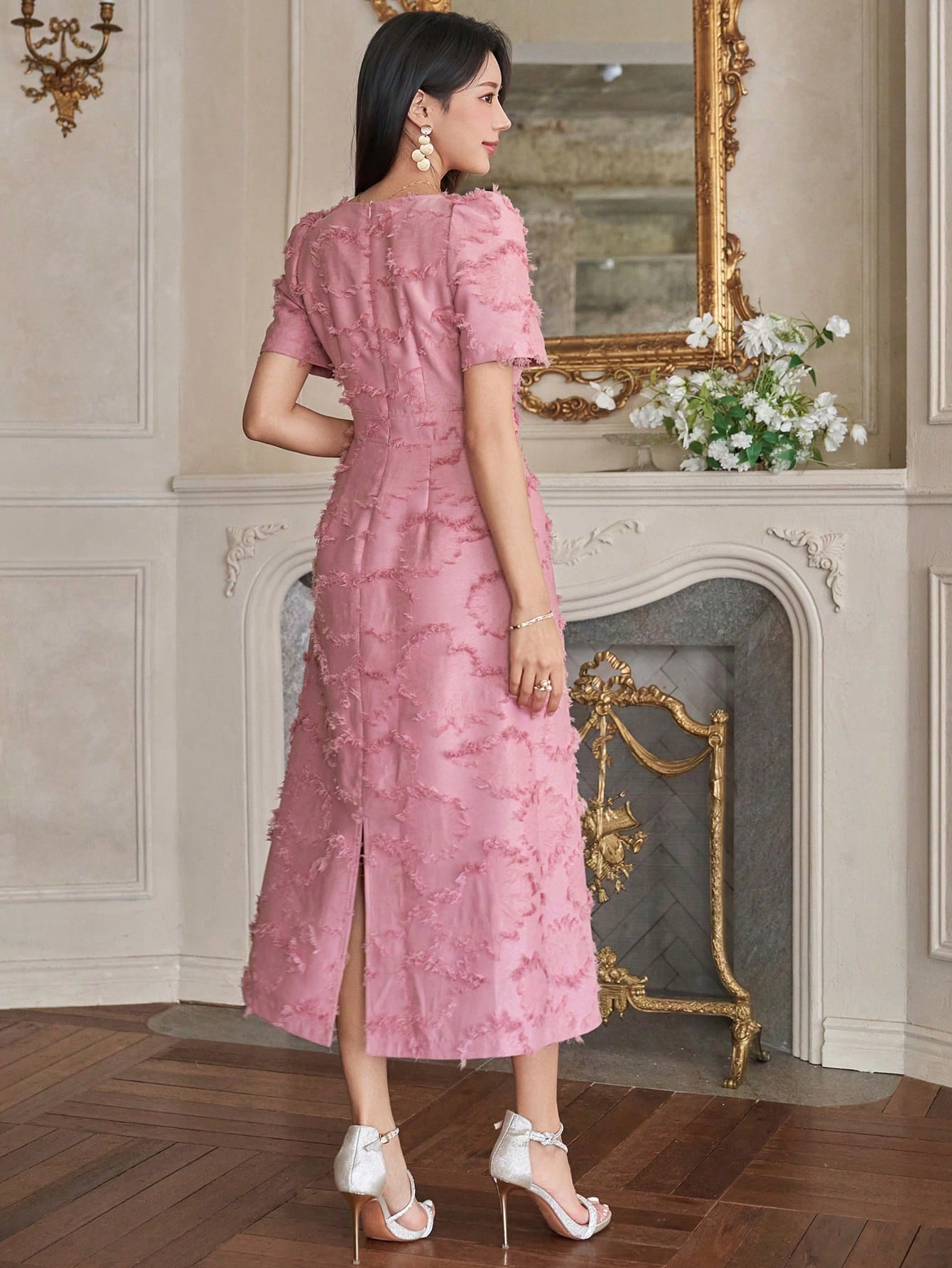 CM-DS754266 Women Elegant Seoul Style Square Neck Puff Sleeve Buttoned Textured Mid-Length Dress