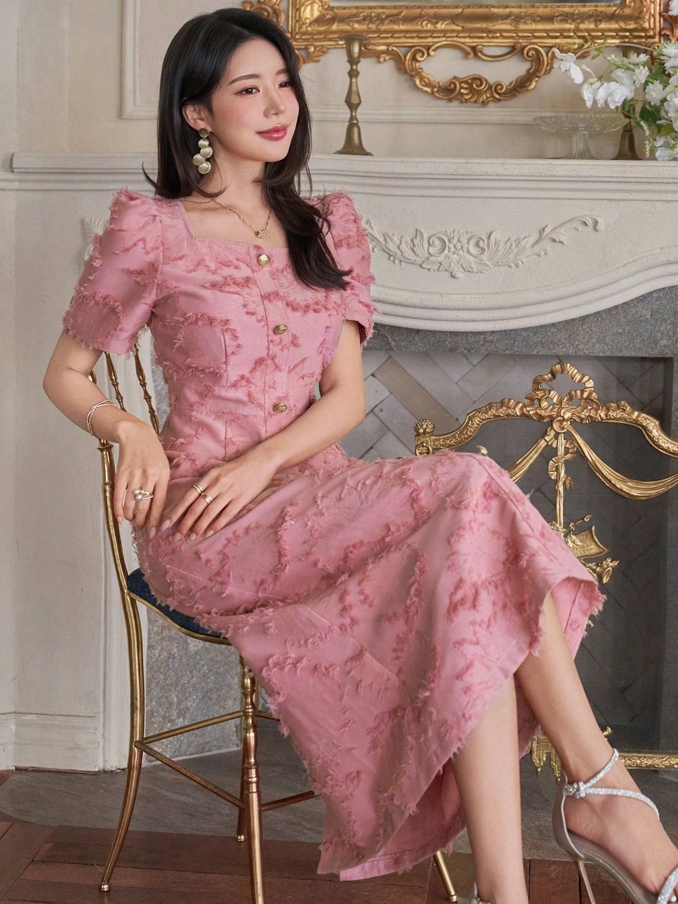 CM-DS754266 Women Elegant Seoul Style Square Neck Puff Sleeve Buttoned Textured Mid-Length Dress