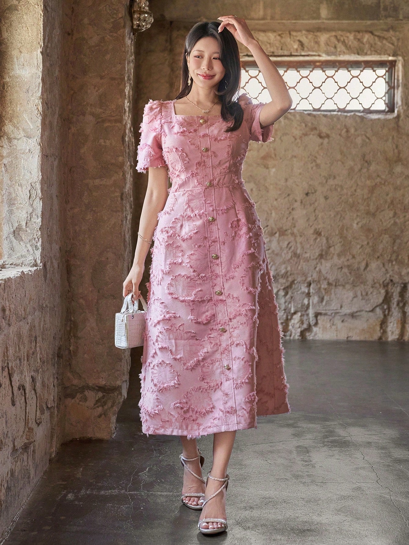 CM-DS754266 Women Elegant Seoul Style Square Neck Puff Sleeve Buttoned Textured Mid-Length Dress