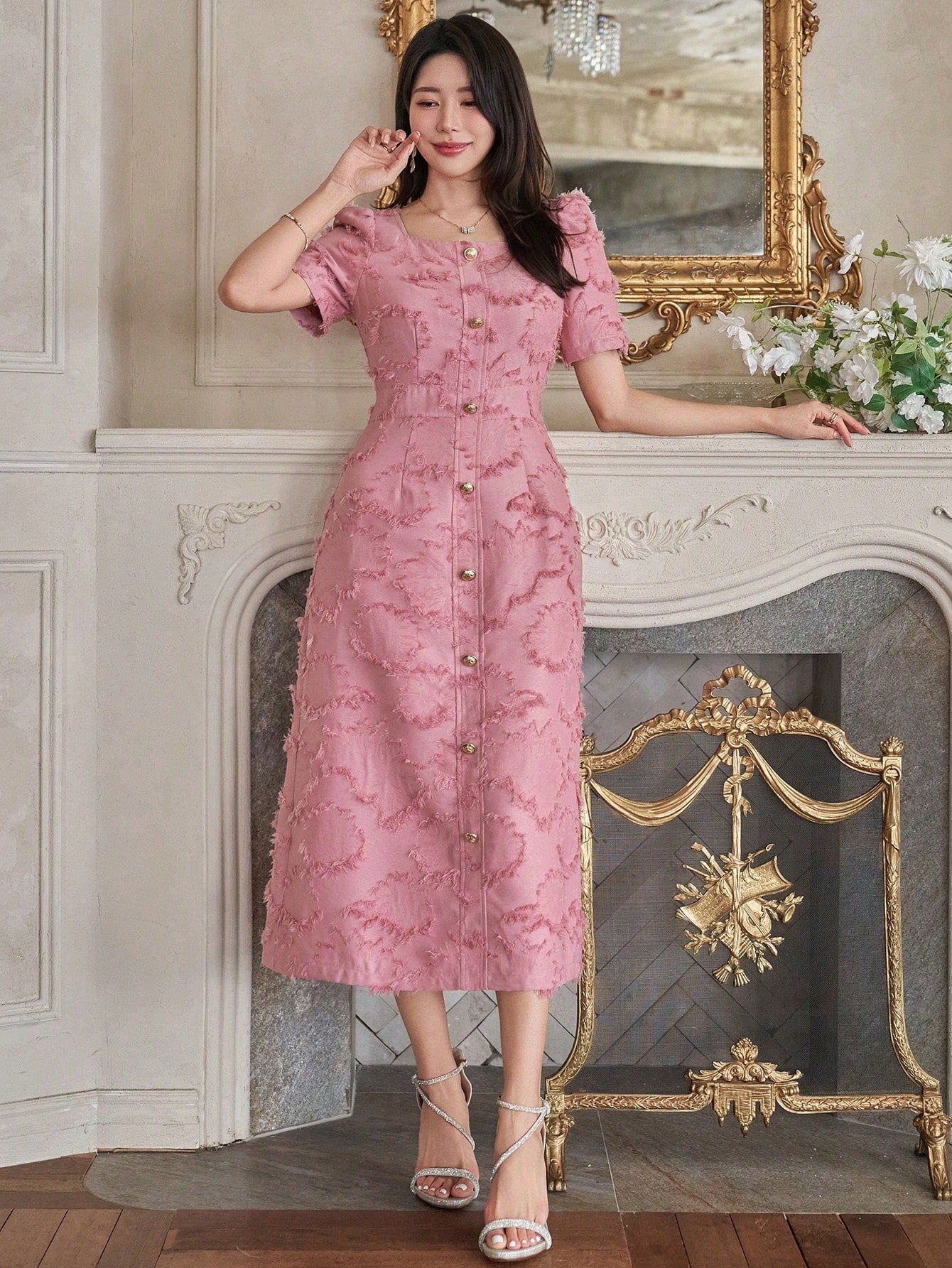 CM-DS754266 Women Elegant Seoul Style Square Neck Puff Sleeve Buttoned Textured Mid-Length Dress