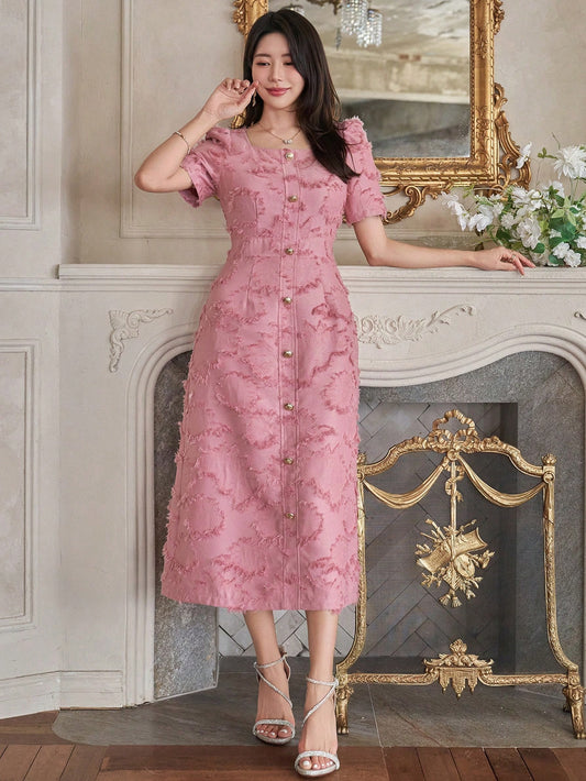 CM-DS754266 Women Elegant Seoul Style Square Neck Puff Sleeve Buttoned Textured Mid-Length Dress