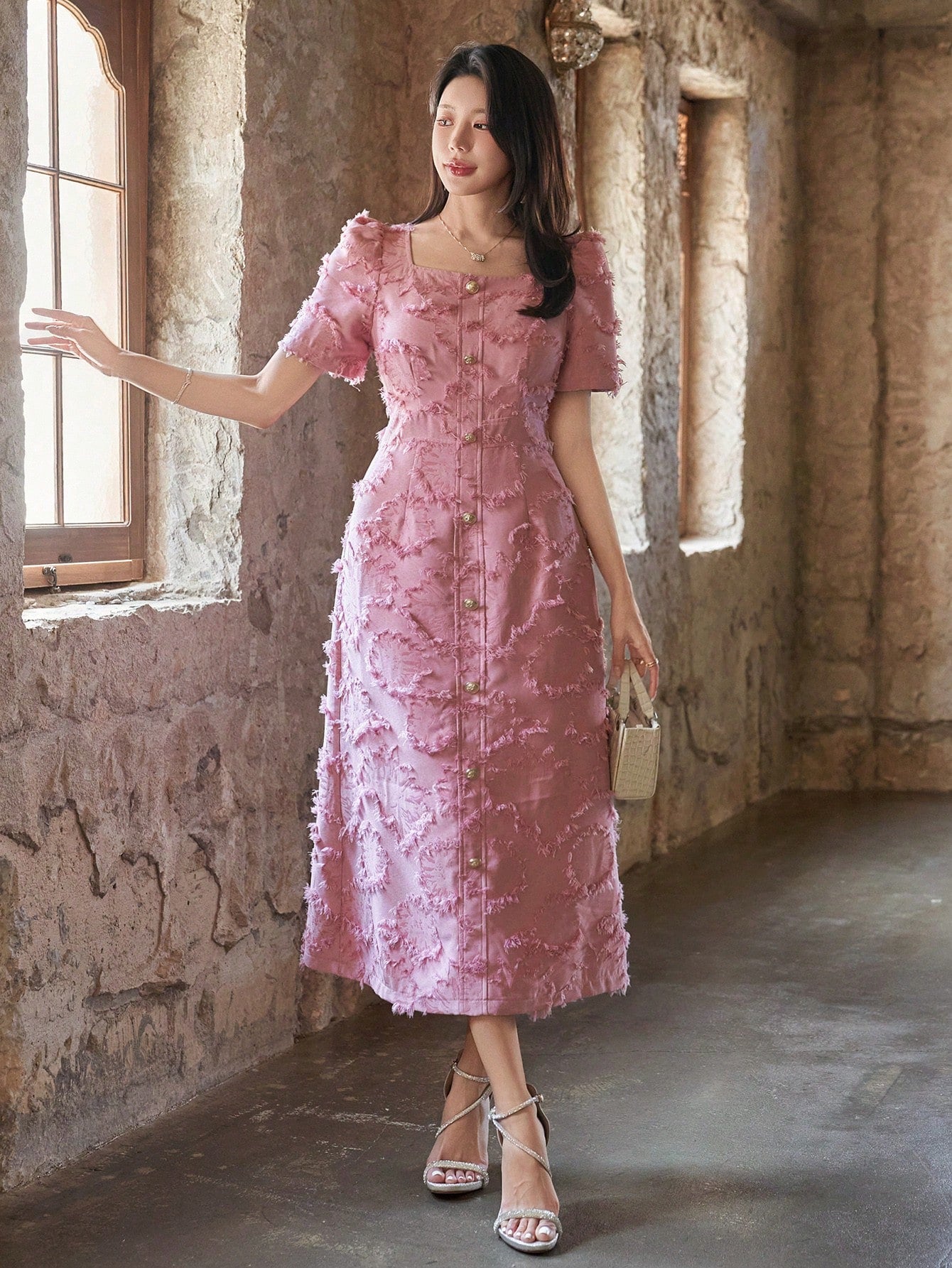 CM-DS754266 Women Elegant Seoul Style Square Neck Puff Sleeve Buttoned Textured Mid-Length Dress
