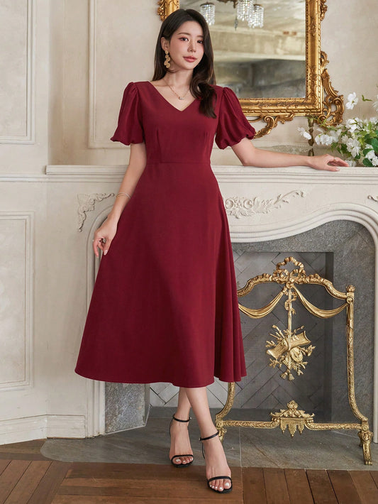 CM-DS329852 Women Elegant Seoul Style Solid V-Neck Puff Sleeve A-Line Mid-Length Dress - Burgundy
