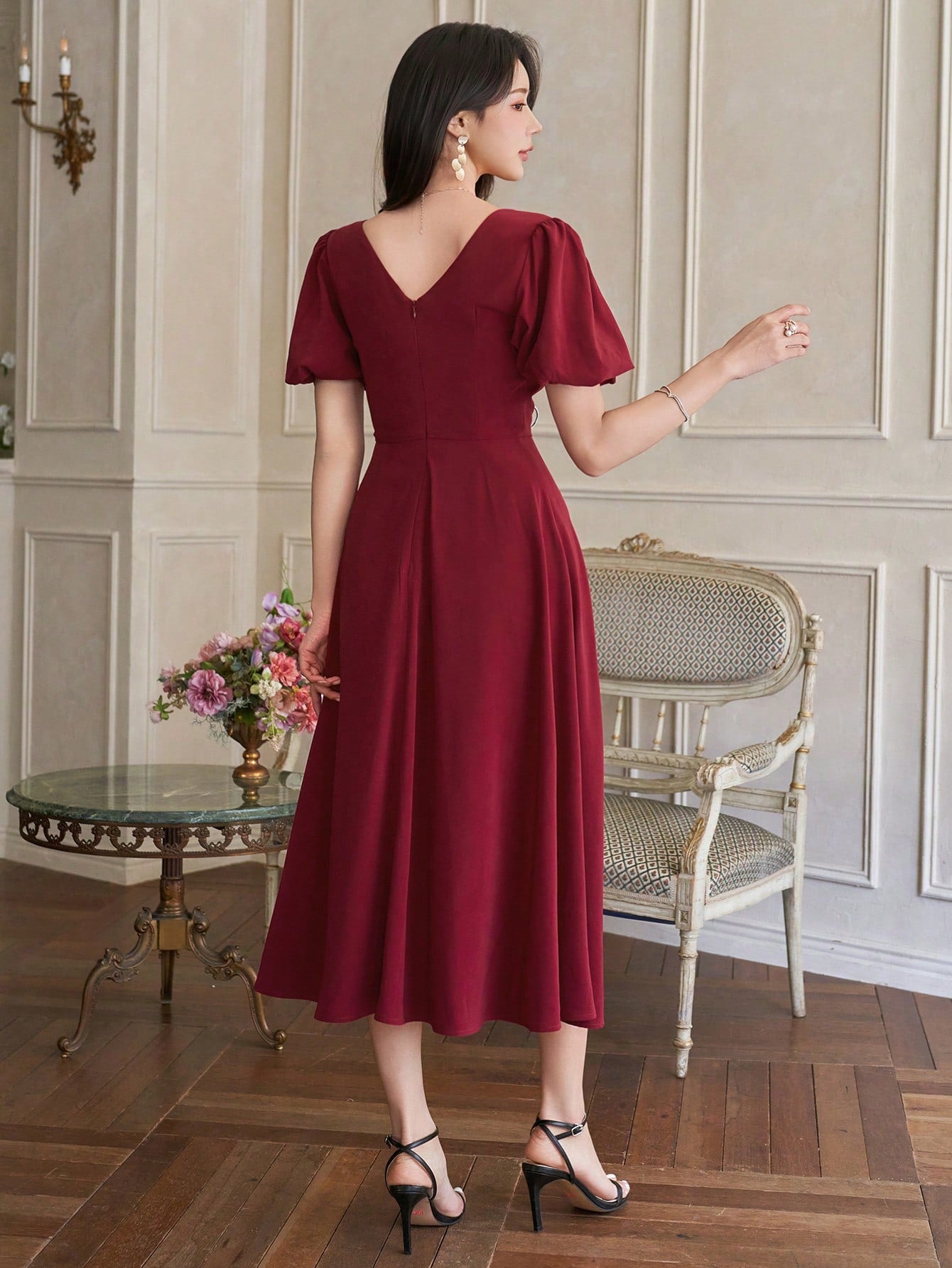 CM-DS329852 Women Elegant Seoul Style Solid V-Neck Puff Sleeve A-Line Mid-Length Dress - Burgundy