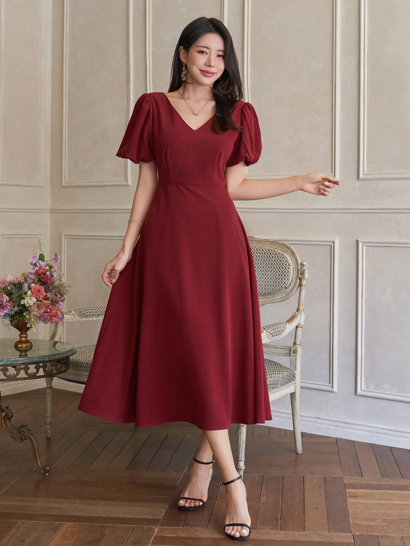 CM-DS329852 Women Elegant Seoul Style Solid V-Neck Puff Sleeve A-Line Mid-Length Dress - Burgundy