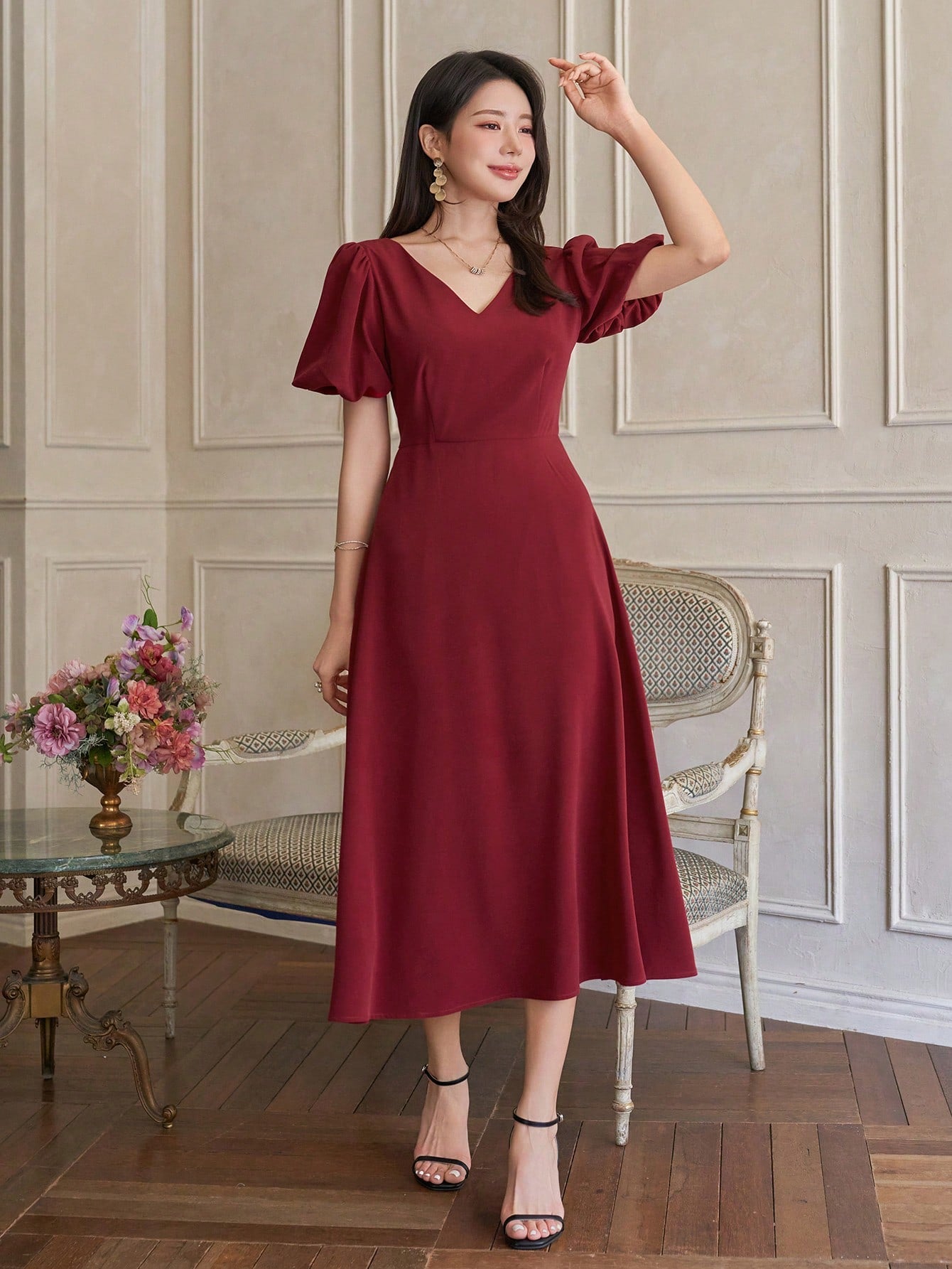 CM-DS329852 Women Elegant Seoul Style Solid V-Neck Puff Sleeve A-Line Mid-Length Dress - Burgundy
