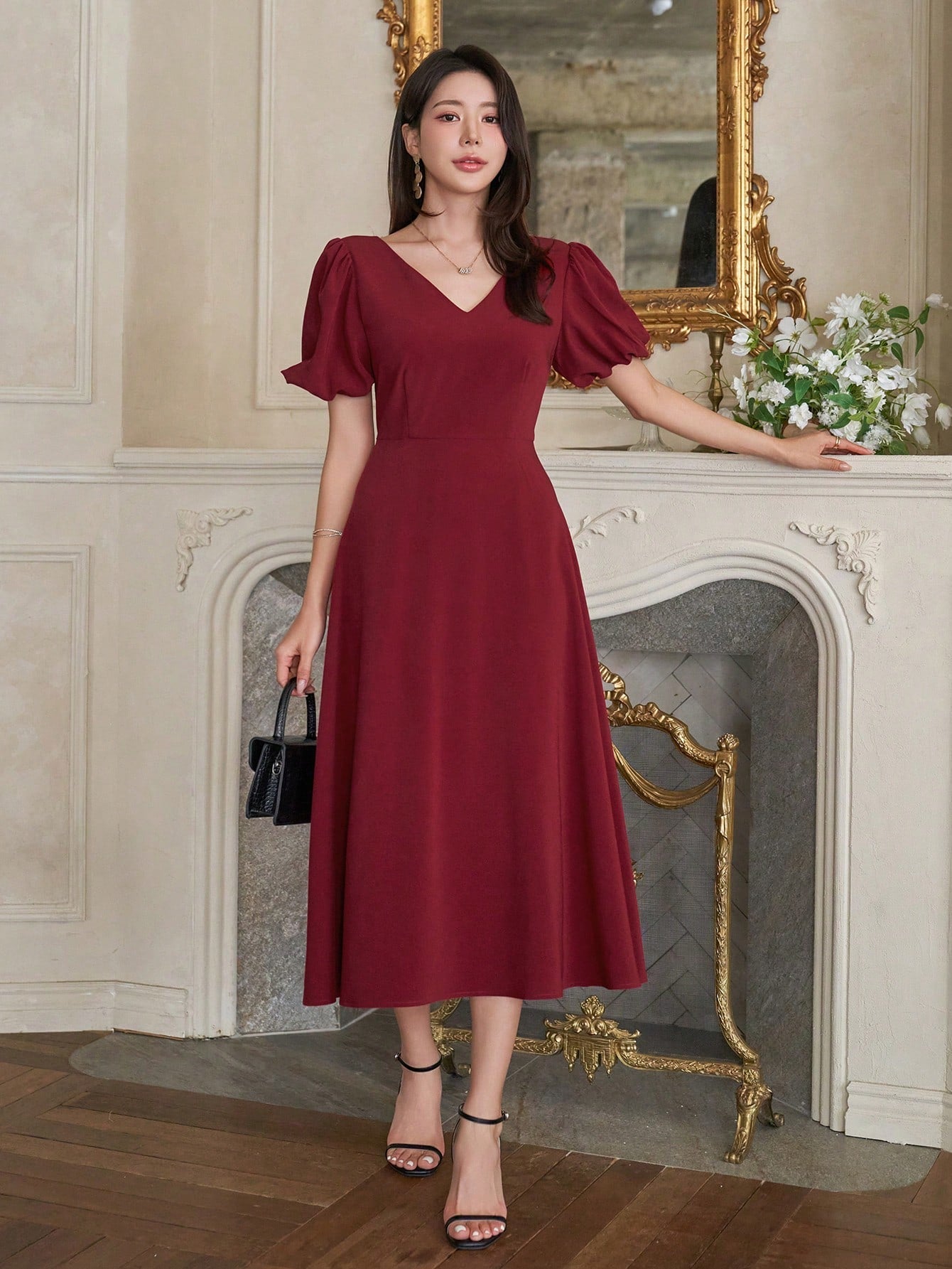 CM-DS329852 Women Elegant Seoul Style Solid V-Neck Puff Sleeve A-Line Mid-Length Dress - Burgundy