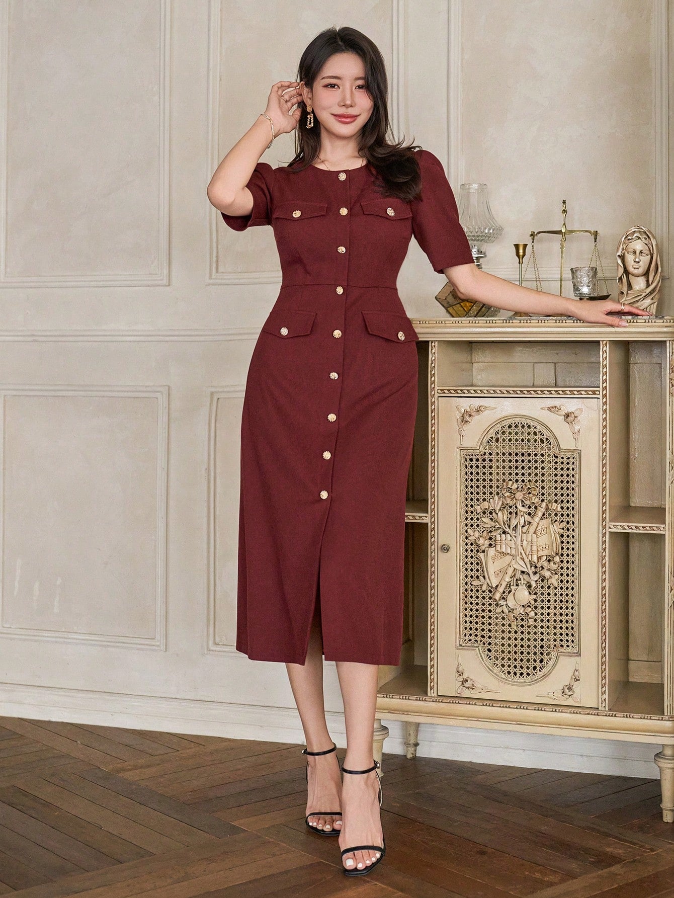CM-DS113602 Women Elegant Seoul Style Crew Neck Puff Sleeve A-Line Midi Dress - Burgundy
