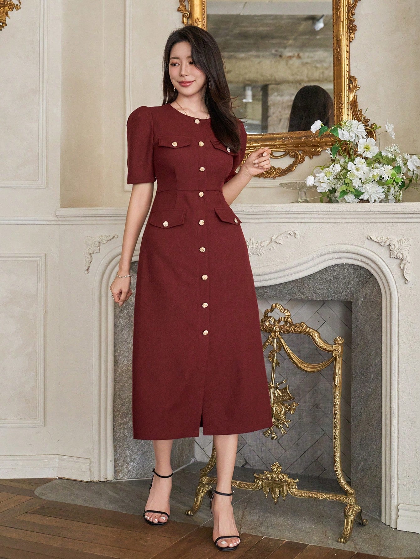 CM-DS113602 Women Elegant Seoul Style Crew Neck Puff Sleeve A-Line Midi Dress - Burgundy
