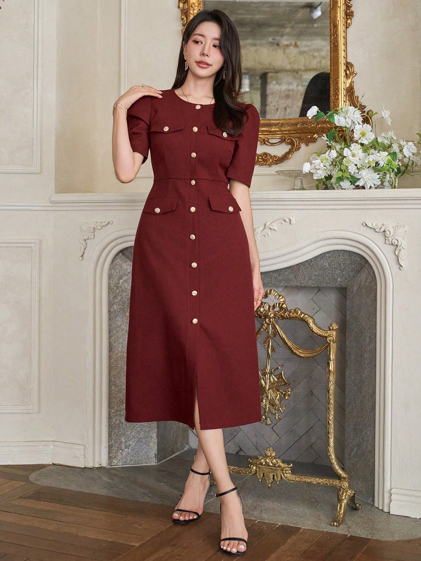 CM-DS113602 Women Elegant Seoul Style Crew Neck Puff Sleeve A-Line Midi Dress - Burgundy