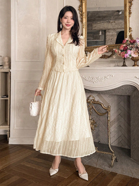 CM-SS007337 Women Elegant Seoul Style Lapel Neckline Long Sleeve Blazer With Skirt Suit - White