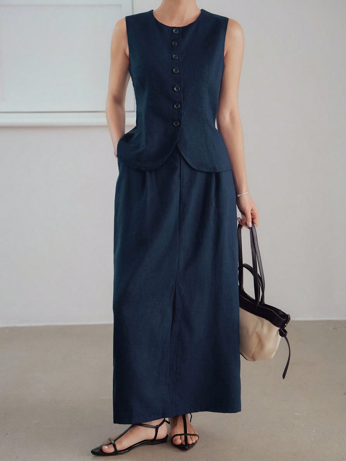 CM-SS999409 Women Elegant Seoul Style Linen Round Neck Sleevelss Waistcoat With High Slit Long Skirt - Set