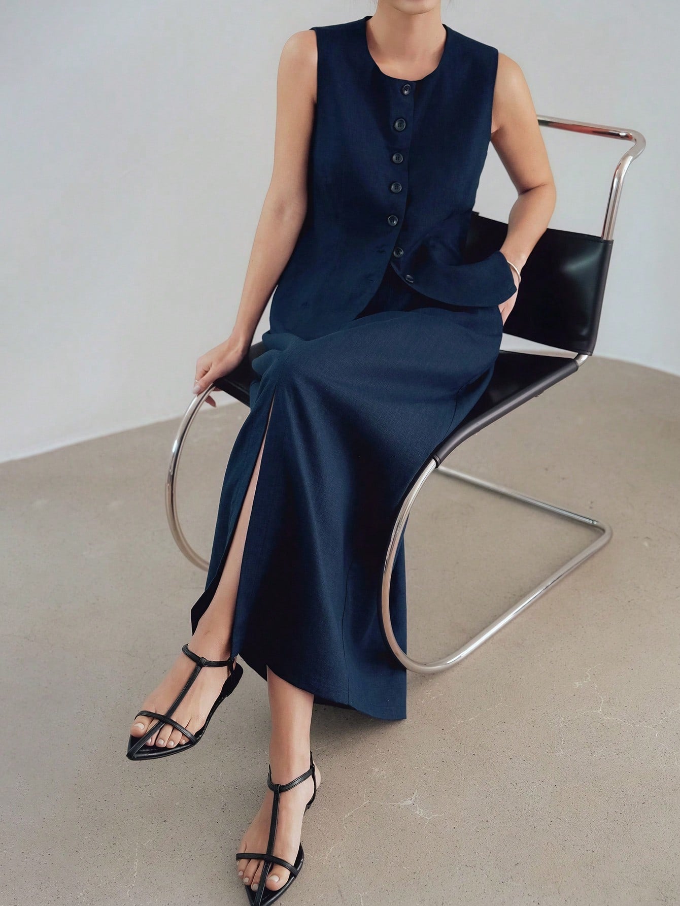 CM-SS999409 Women Elegant Seoul Style Linen Round Neck Sleevelss Waistcoat With High Slit Long Skirt - Set