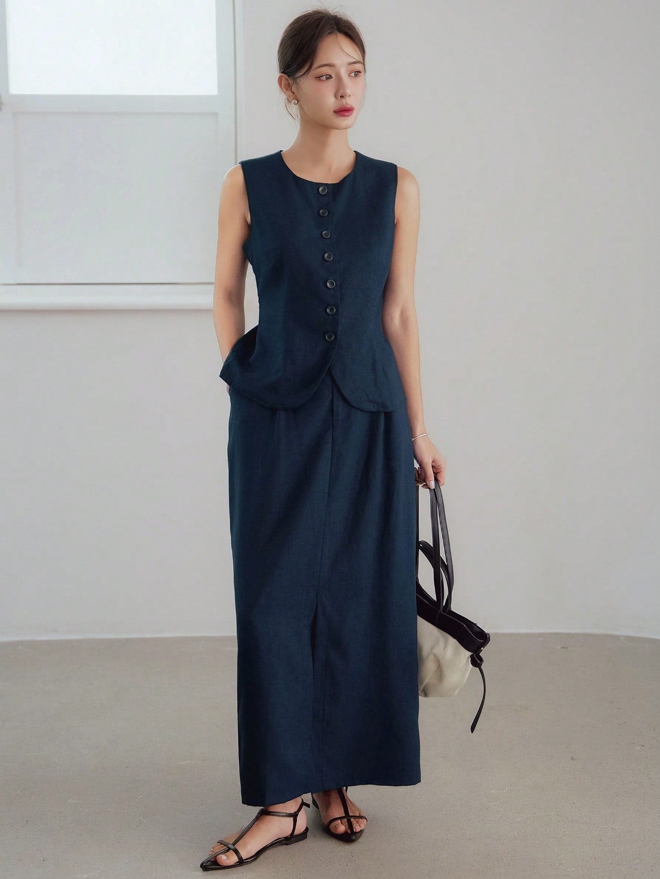 CM-SS999409 Women Elegant Seoul Style Linen Round Neck Sleevelss Waistcoat With High Slit Long Skirt - Set
