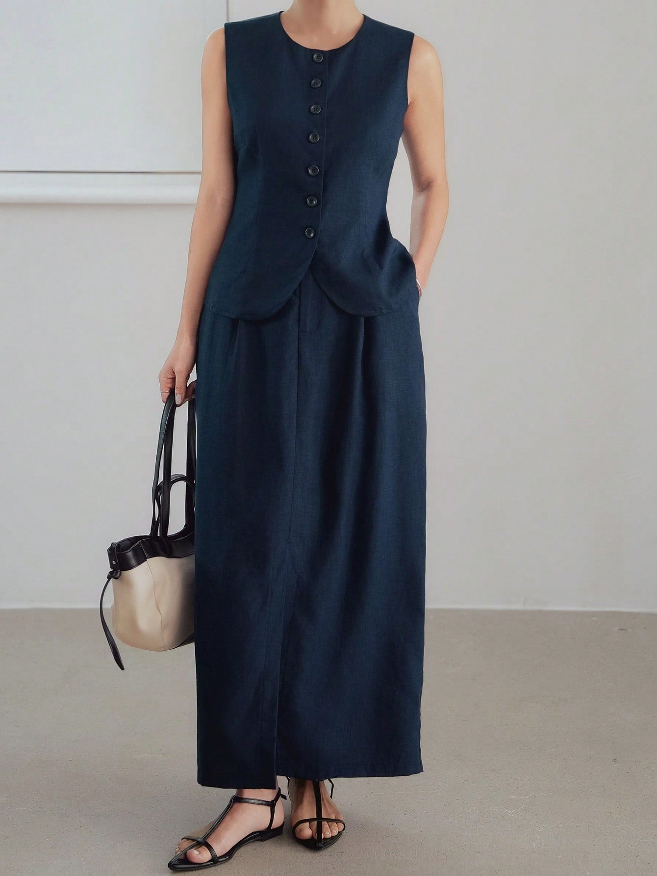 CM-SS999409 Women Elegant Seoul Style Linen Round Neck Sleevelss Waistcoat With High Slit Long Skirt - Set